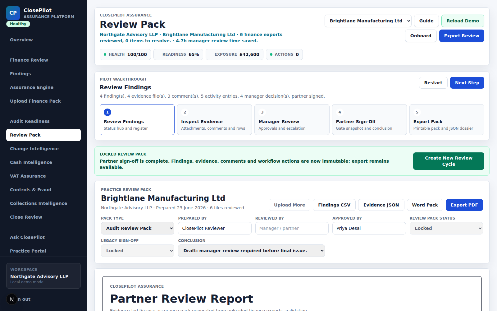 ClosePilot Review Pack screen showing export options for PDF, Word, CSV, and JSON with preparer, reviewer, and approver roles.